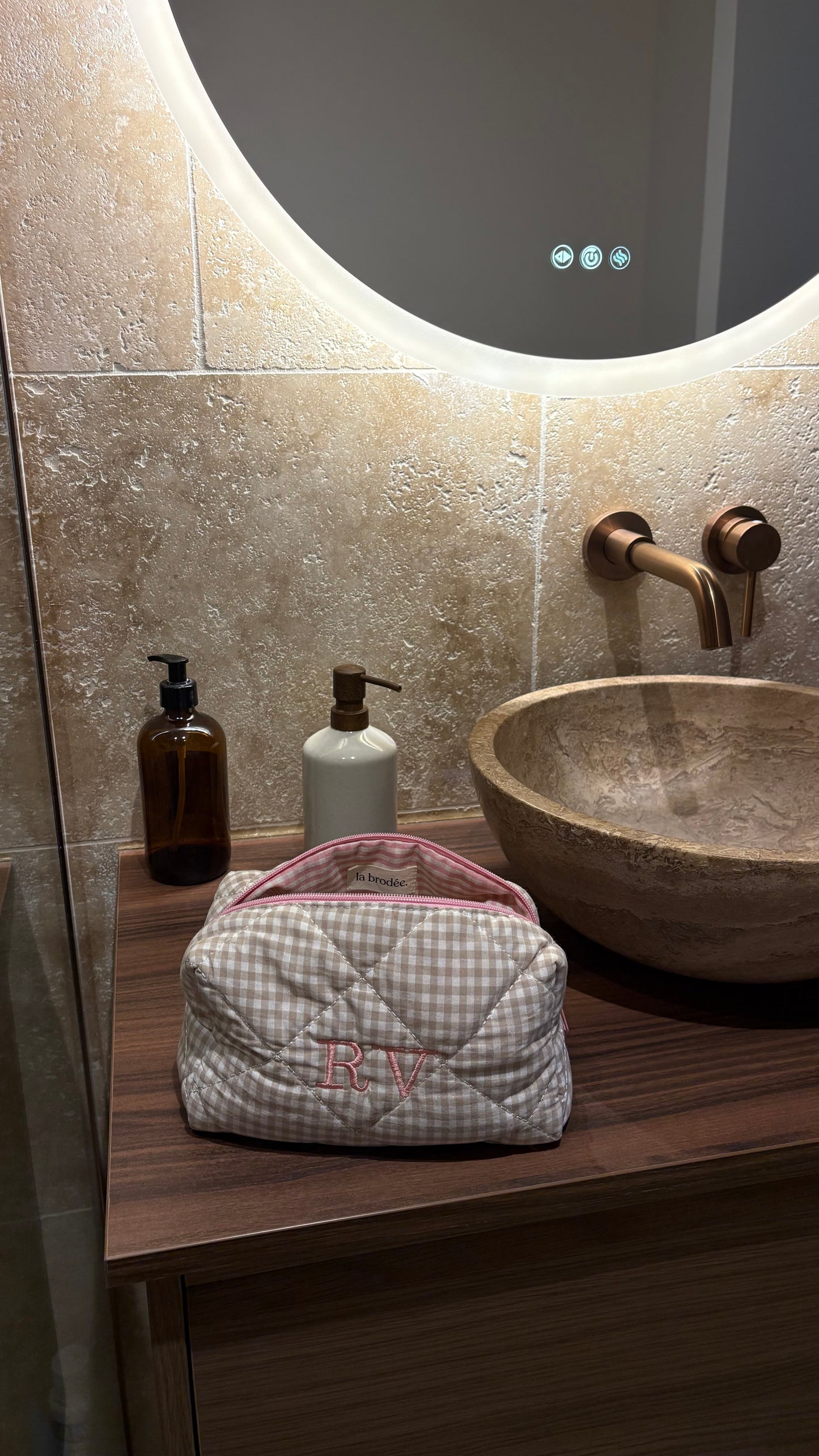 Trousse brodée - Beige et rose vichy